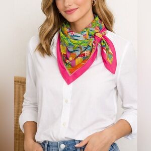 Talbots Cotton Harbor Sailboat Print Pink Border Square Scarf 34” Vintage